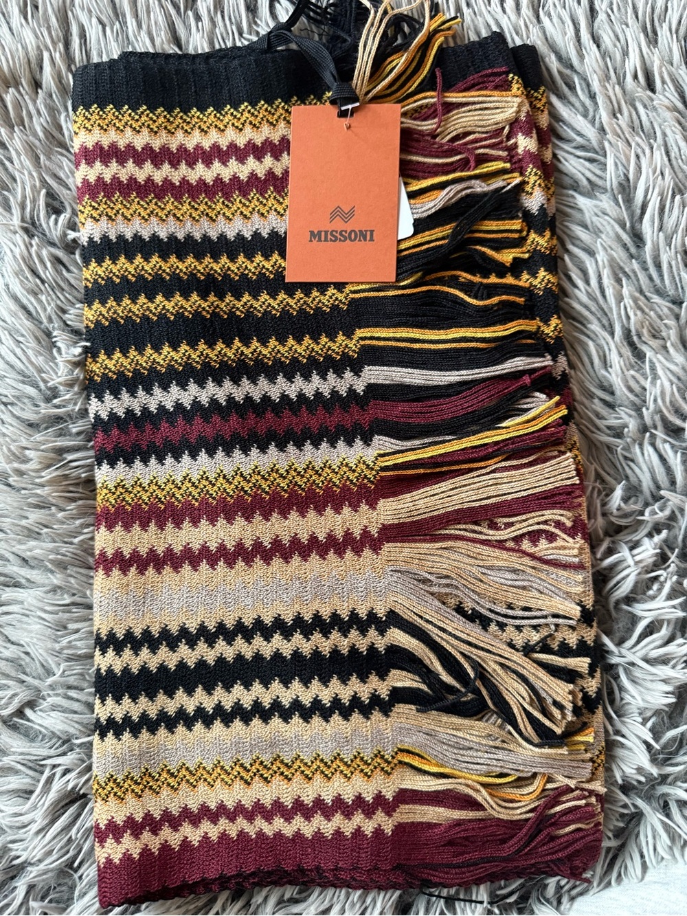 Missoni Black, Burgundy, Mustard & Cream Zigzag Knit Scarf